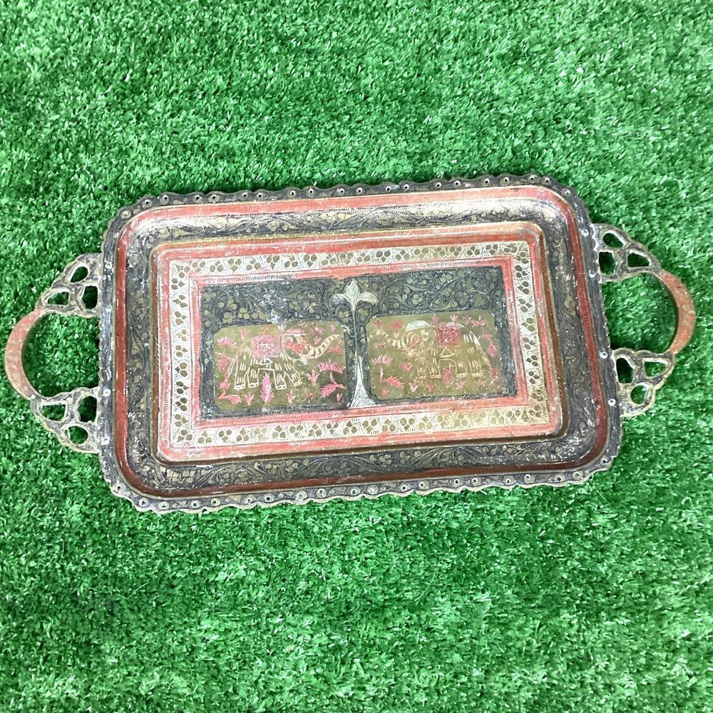 Vintage Indian Brass Tray Hand Engraved
